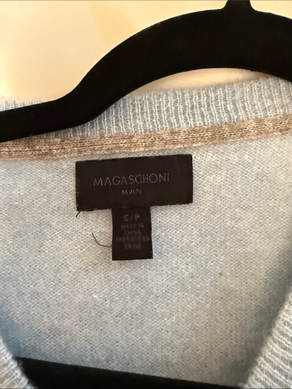Men 100% Cashmere Magaschoni Light Blue Crewneck Sweater with Tan Trim